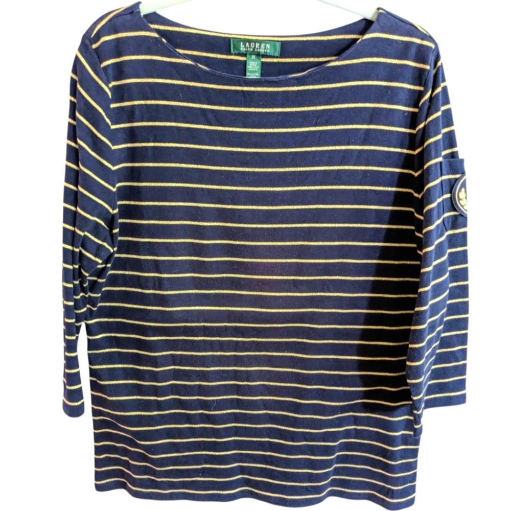 Lauren Ralph Lauren Womens Shirt Size 1X Crest Navy Gold Stripes Nautical